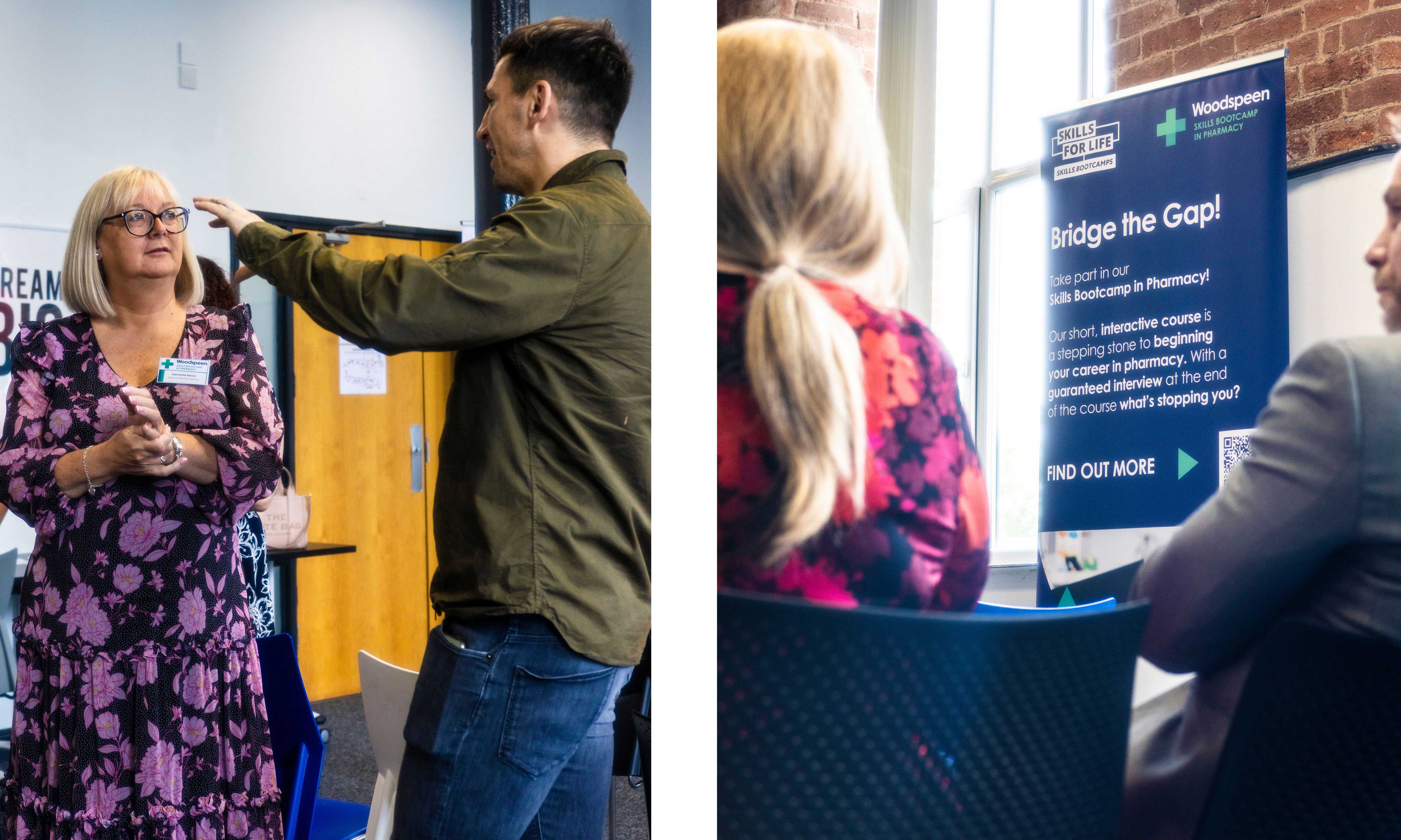 Images of people talking at the launch event for the Skills Bootcamp in Pharmacy